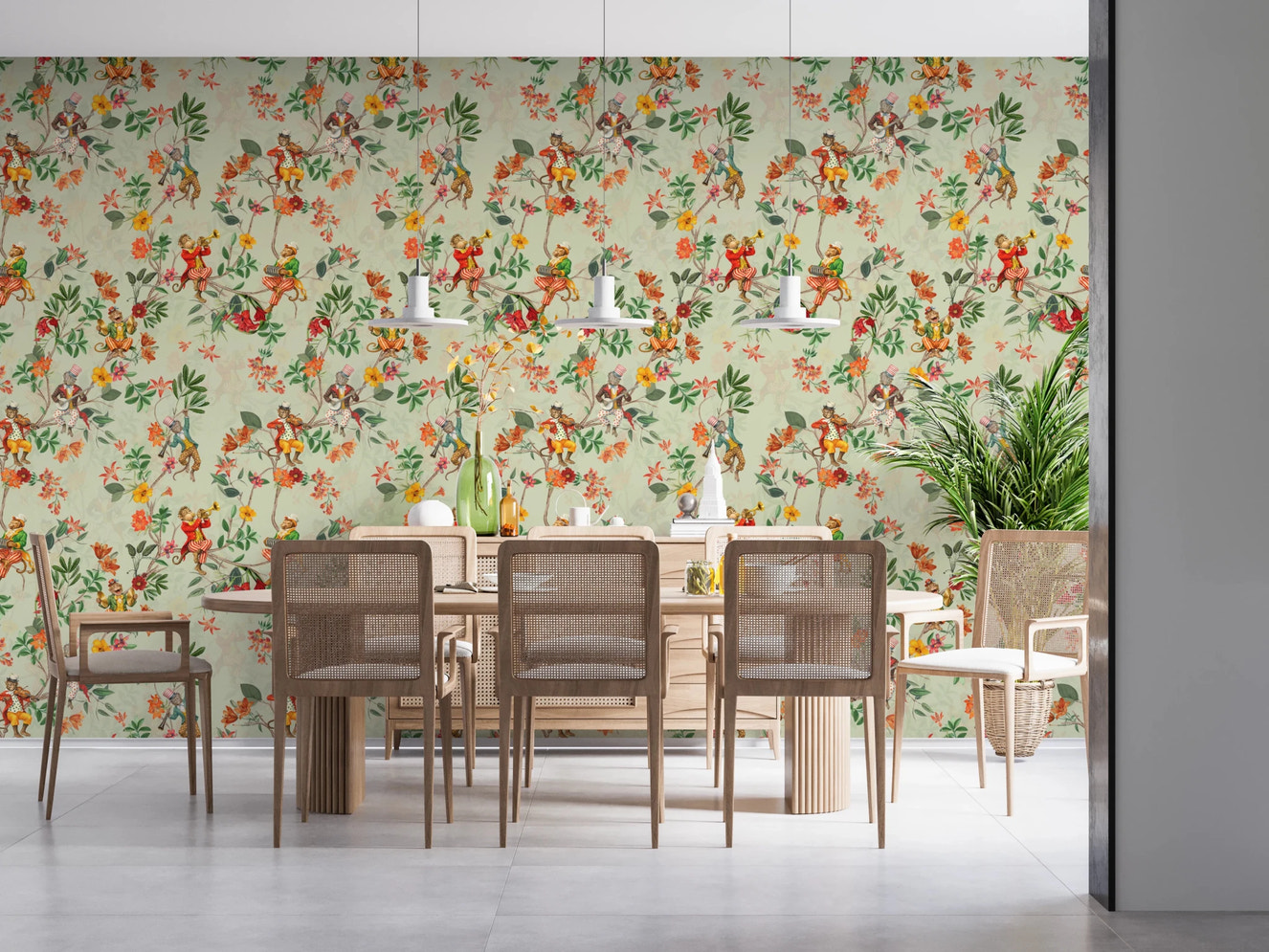 Whimsical Monkeys Playing Music Vintage Exotic Fun Garden green Wallpaper⁠