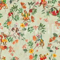 Vintage monkey musician wallpaper in green with exotic flowers and leafy detail, GD8595