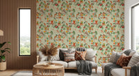 Window-side nook softened by the vintage floral monkey wallpaper on a calm green, GD8595