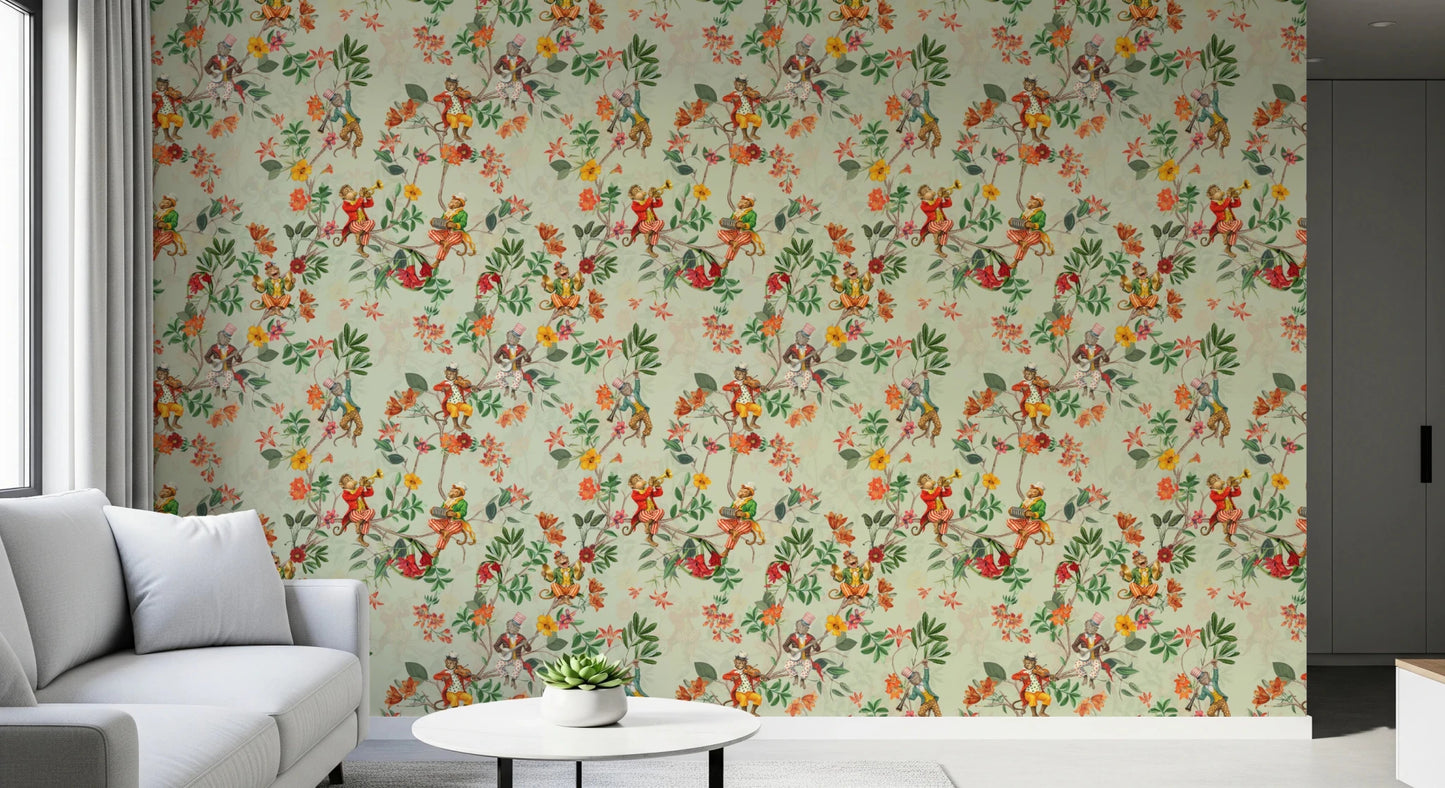 Dining corner brightened by the playful charm of this monkey-and-bloom wallpaper, GD8595