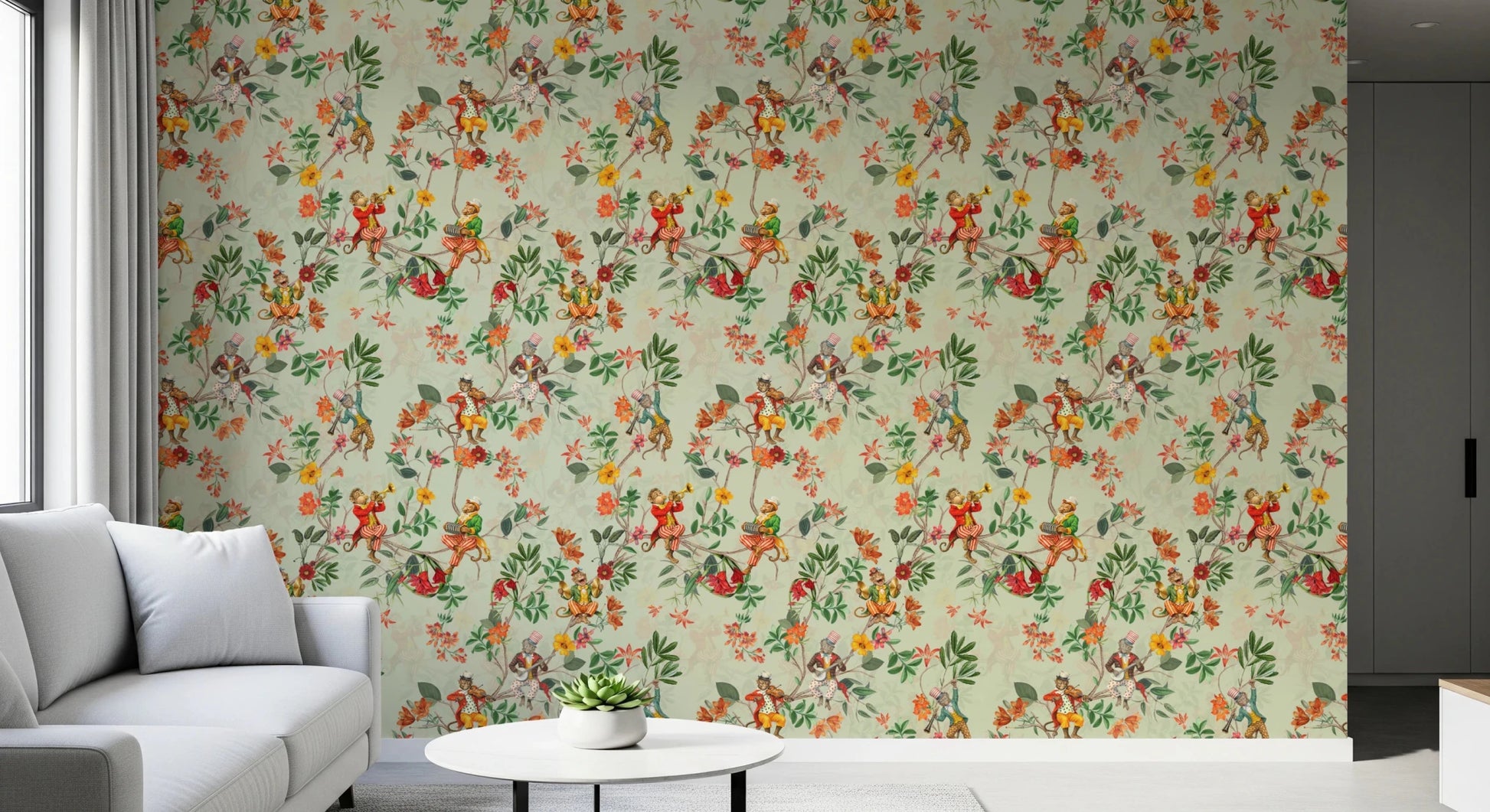 Dining corner brightened by the playful charm of this monkey-and-bloom wallpaper, GD8595