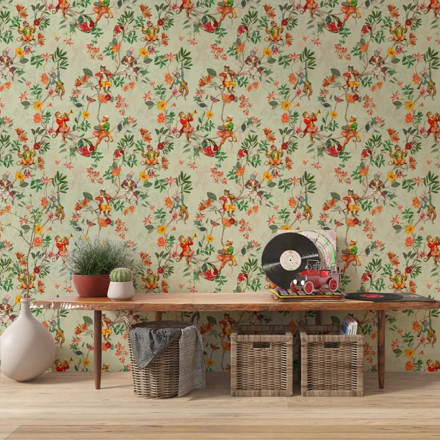 Soft sitting area updated with Whimsical Monkeys Playing Music garden wallpaper, GD8595