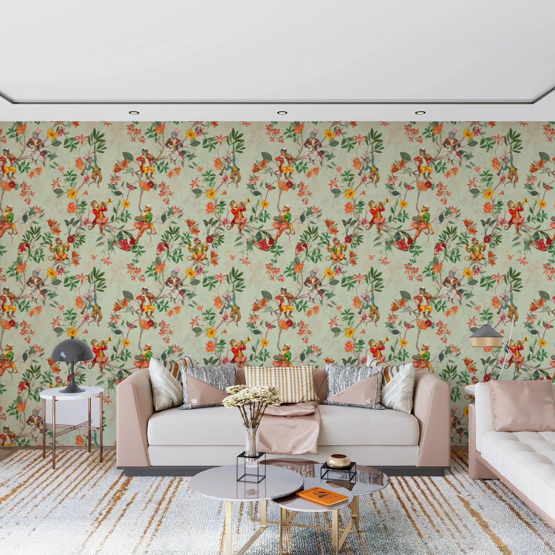 Light-filled lounge framed by Whimsical Monkeys Playing Music green wallpaper, GD8595