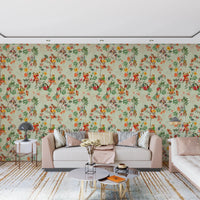 Light-filled lounge framed by Whimsical Monkeys Playing Music green wallpaper, GD8595