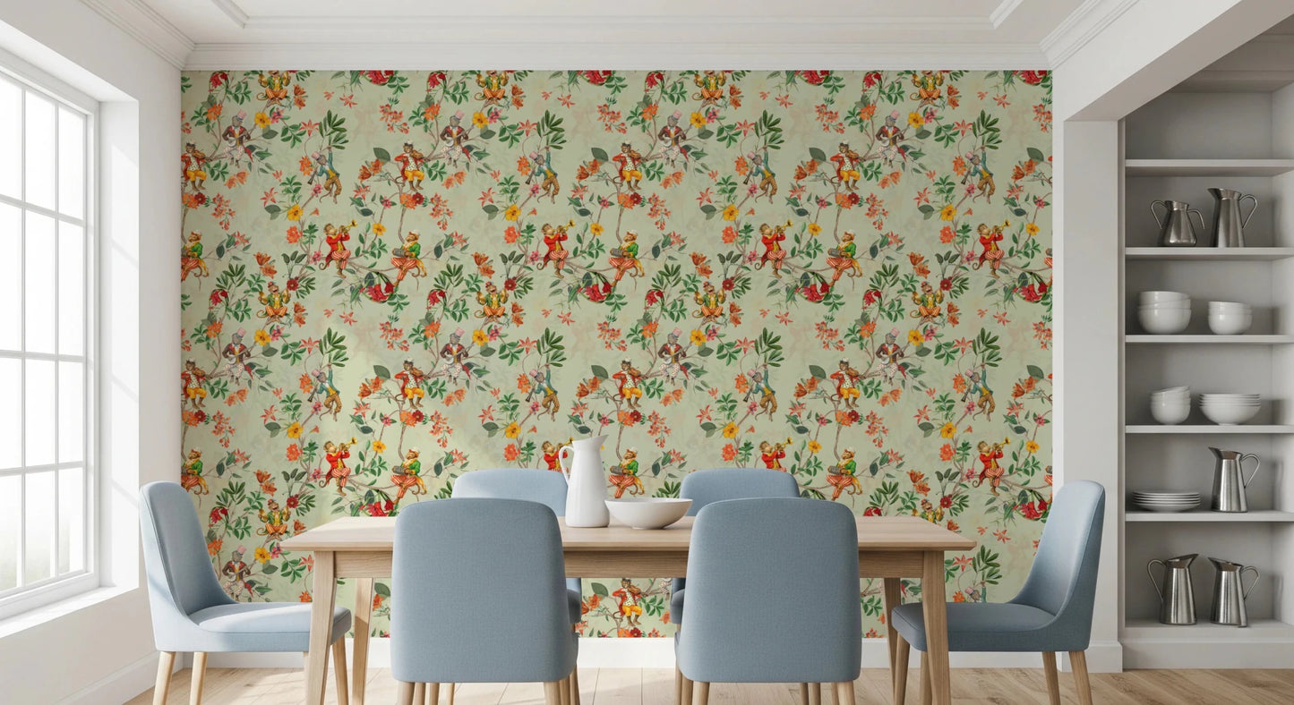 Warm dining space paired with vintage exotic fun garden green wallpaper, GD8595