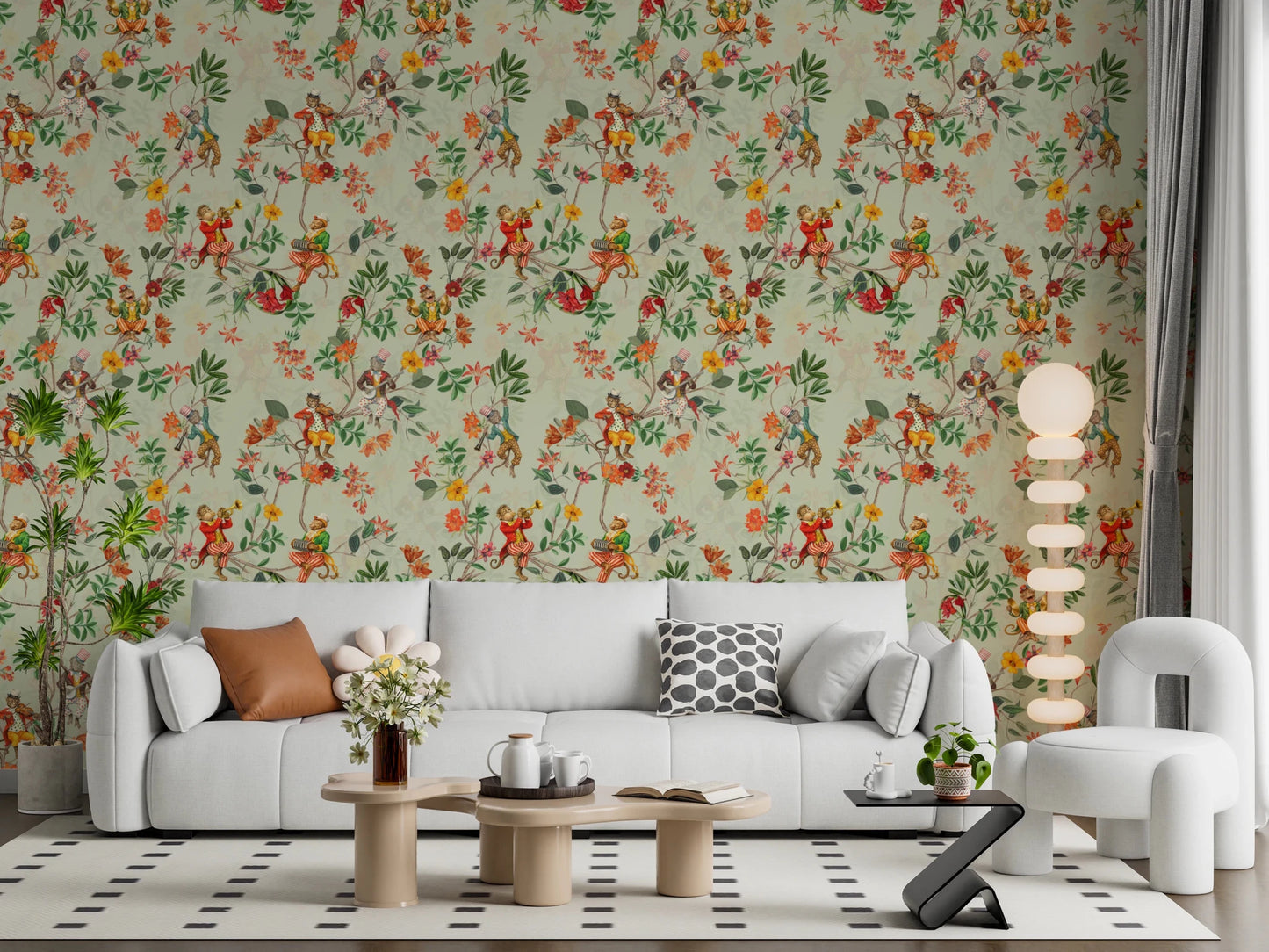 Light sofa corner balanced by the lively detail of this exotic monkey garden wallpaper, GD8595