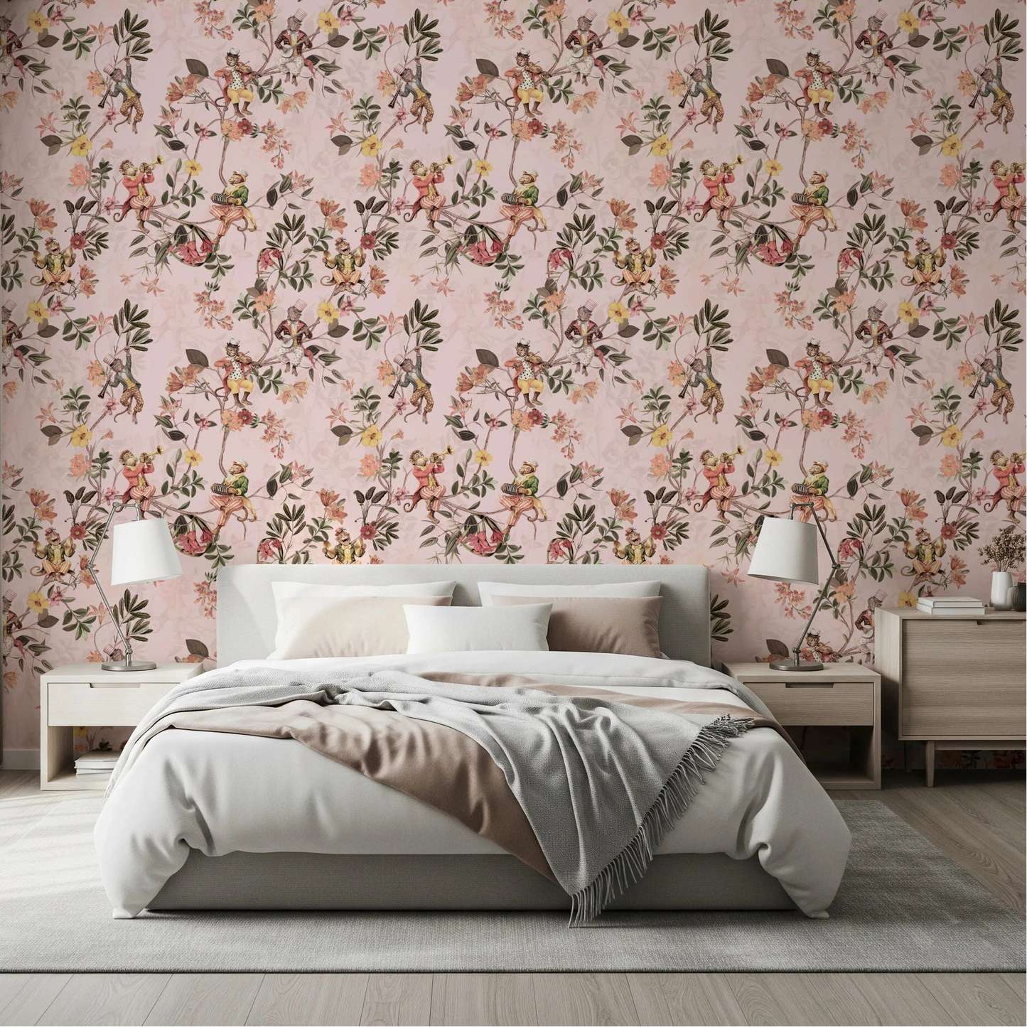 Bedroom styled with vintage exotic fun garden pink wallpaper and soft bedding, GD8597