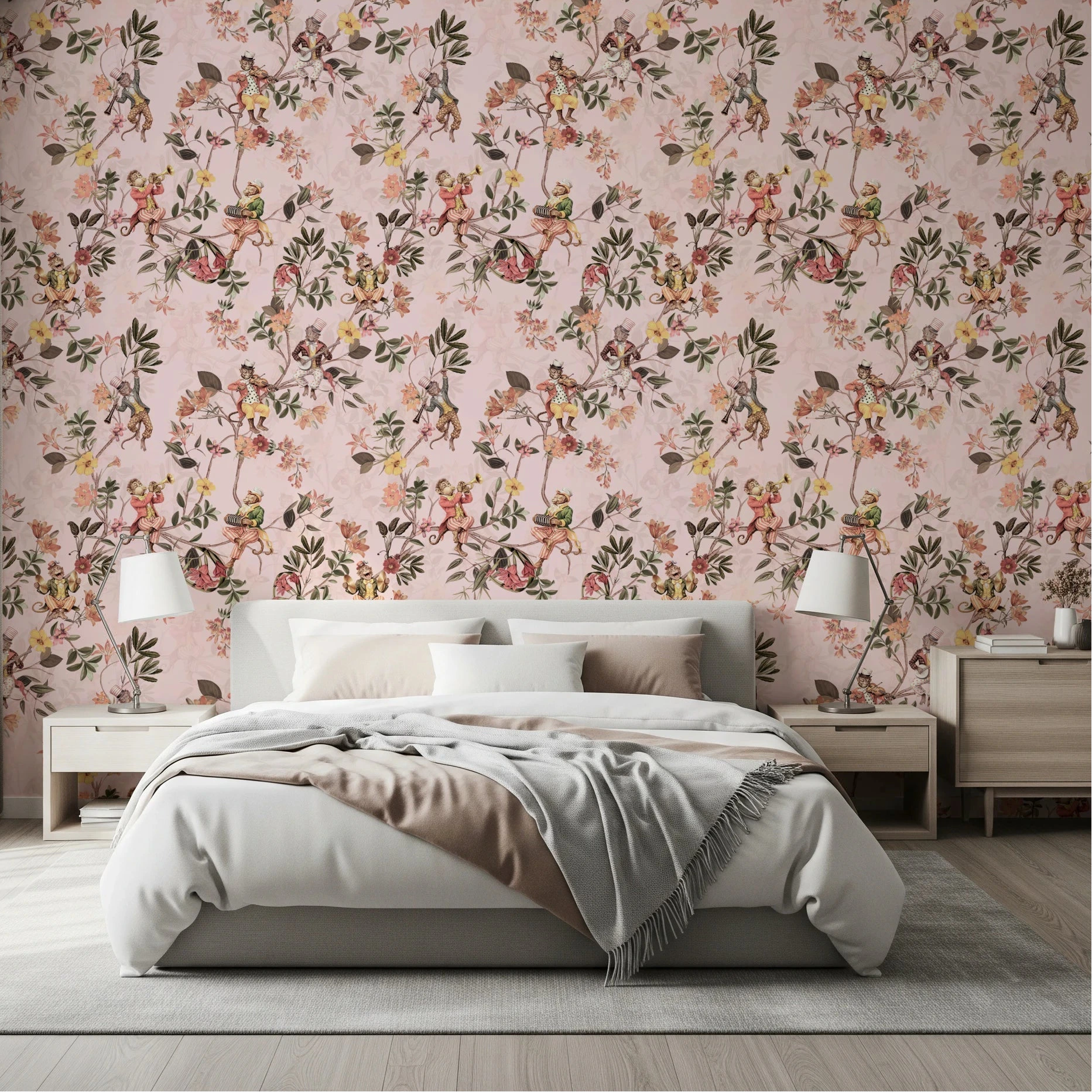 Bedroom styled with vintage exotic fun garden pink wallpaper and soft bedding, GD8597