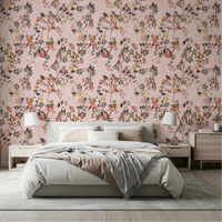 Bedroom styled with vintage exotic fun garden pink wallpaper and soft bedding, GD8597