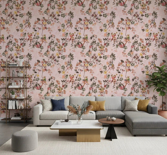 Soft pink monkey garden wallpaper brings playful charm to this spacious living room