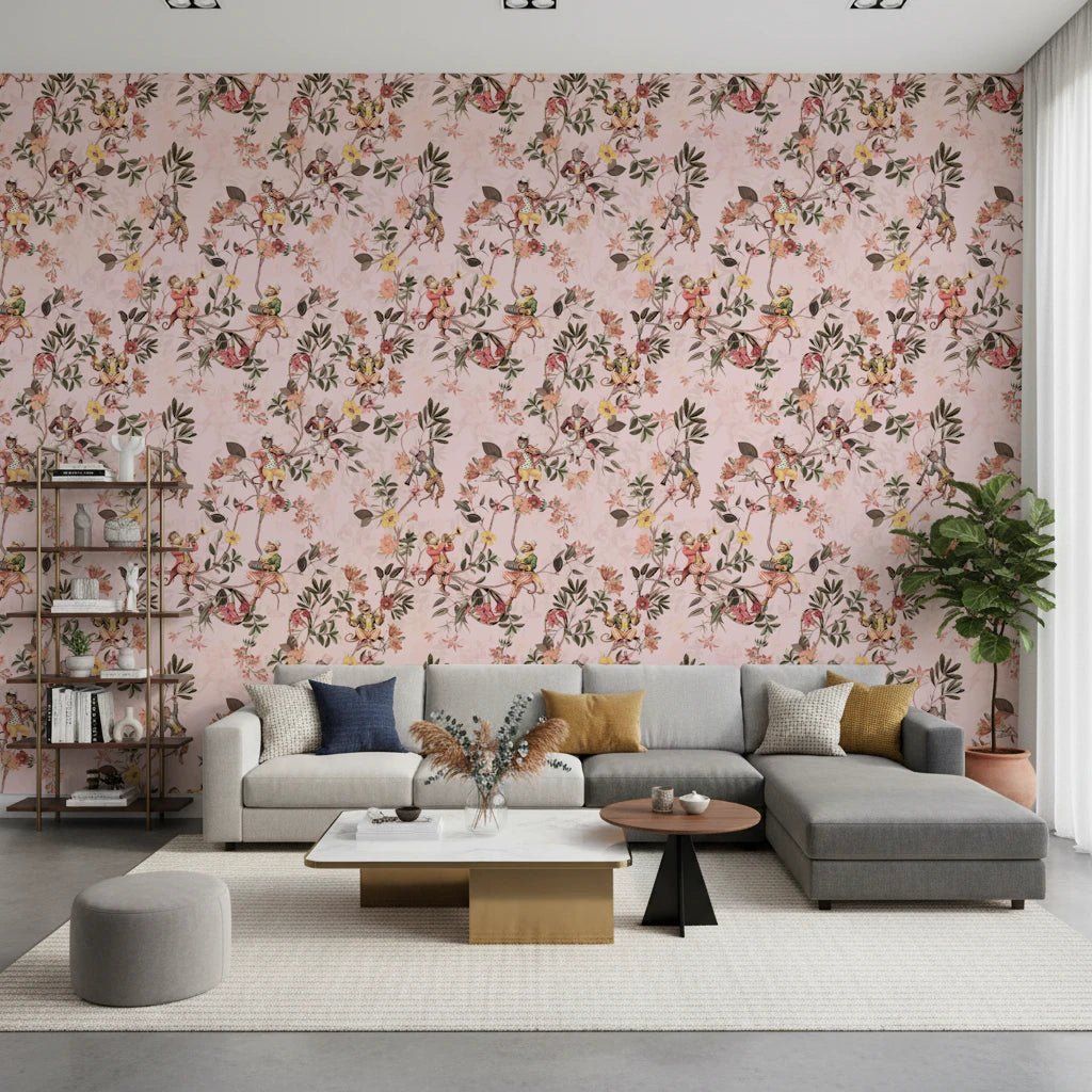 Whimsical Monkeys Playing Music Vintage Exotic Fun Garden pink Wallpaper⁠