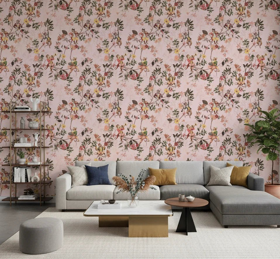 Soft pink monkey garden wallpaper brings playful charm to this spacious living room, GD8597