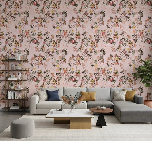 Soft pink monkey garden wallpaper brings playful charm to this spacious living room