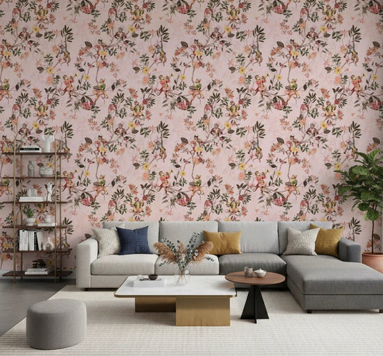 Soft pink monkey garden wallpaper brings playful charm to this spacious living room, GD8597
