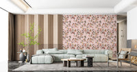 Open lounge finished in vintage monkey floral pink wallpaper with airy seating, GD8597
