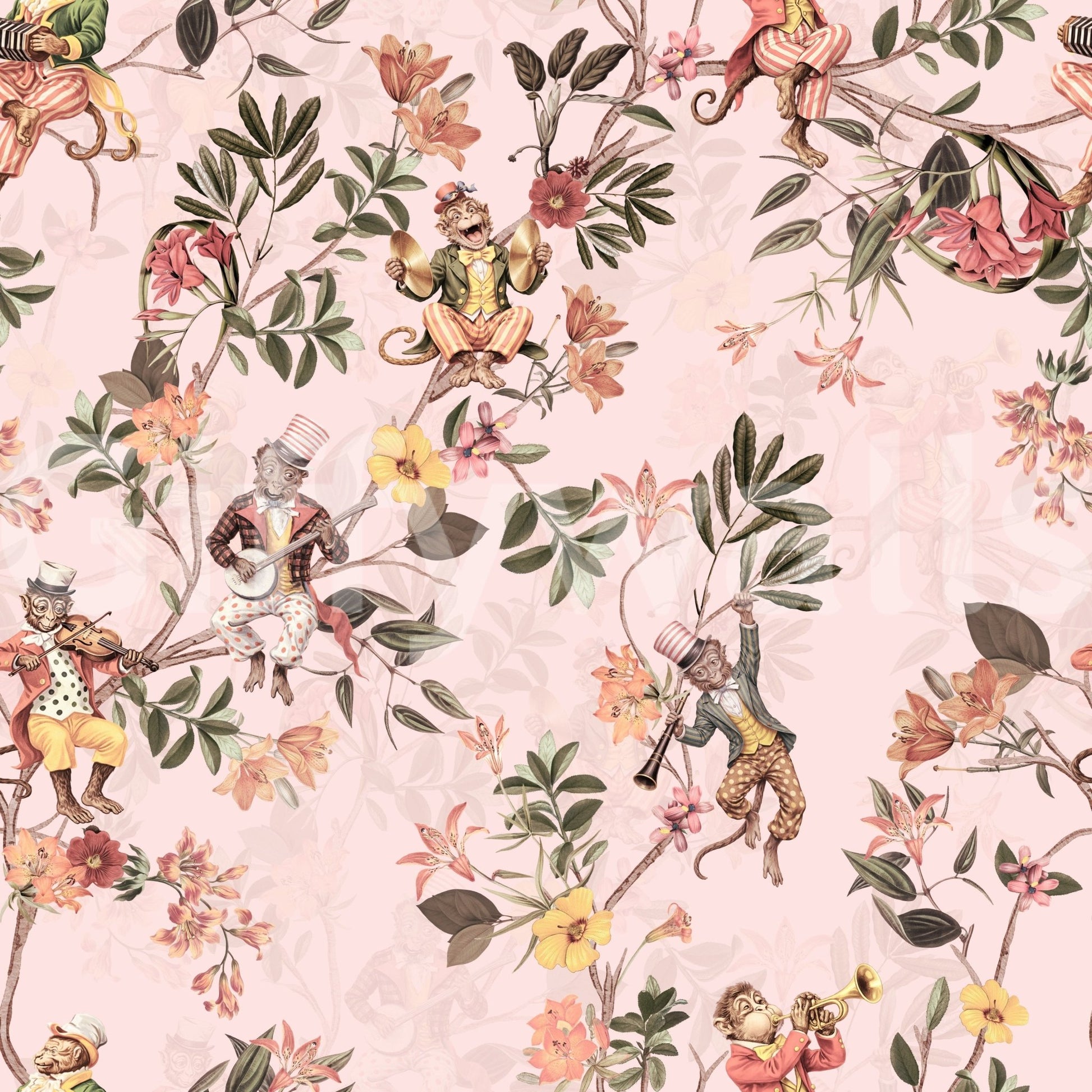 Vintage monkey musician wallpaper in pink with exotic blooms and garden foliage, GD8597