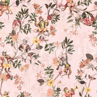 Vintage monkey musician wallpaper in pink with exotic blooms and garden foliage, GD8597