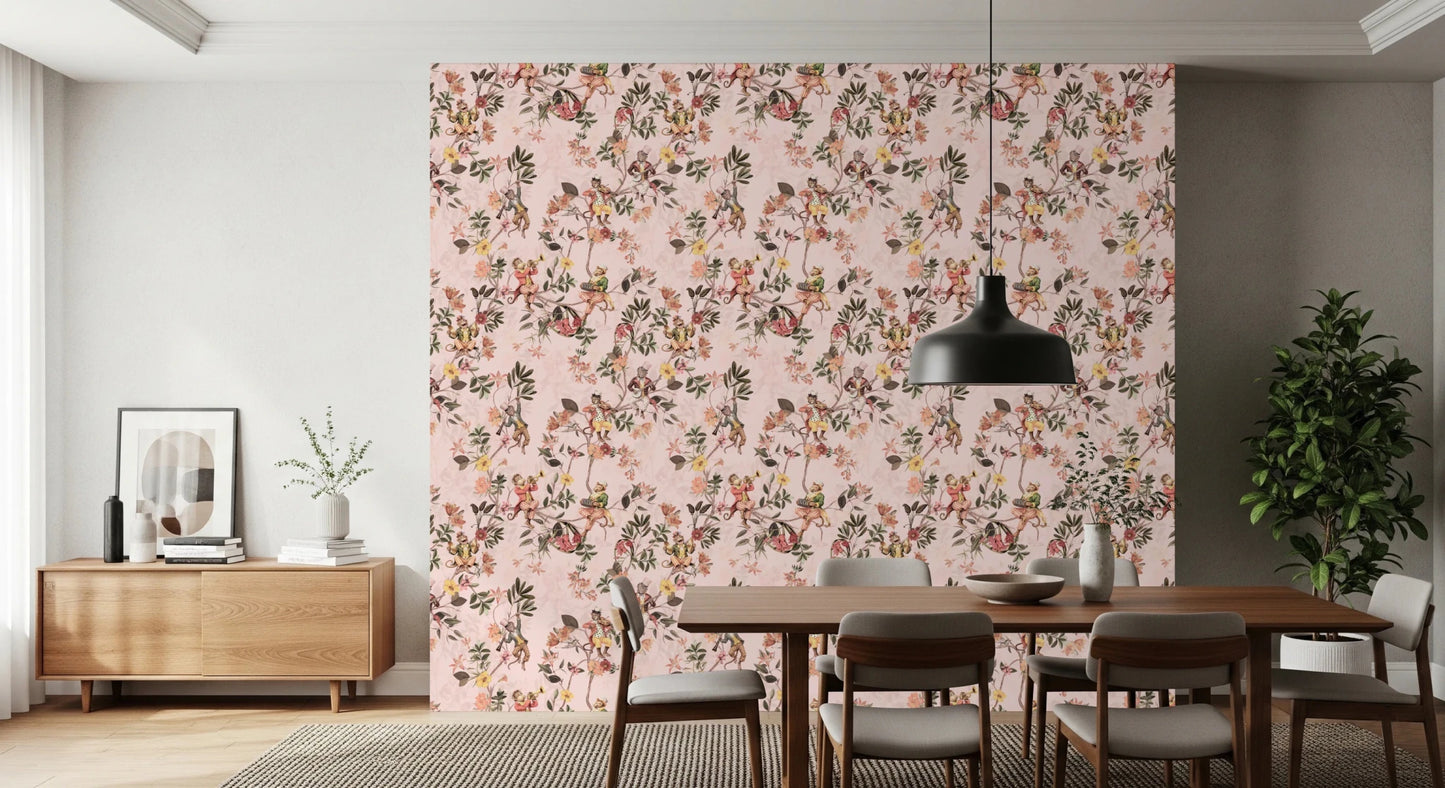 Dining corner softened by Whimsical Monkeys Playing Music garden pink wallpaper, GD8597