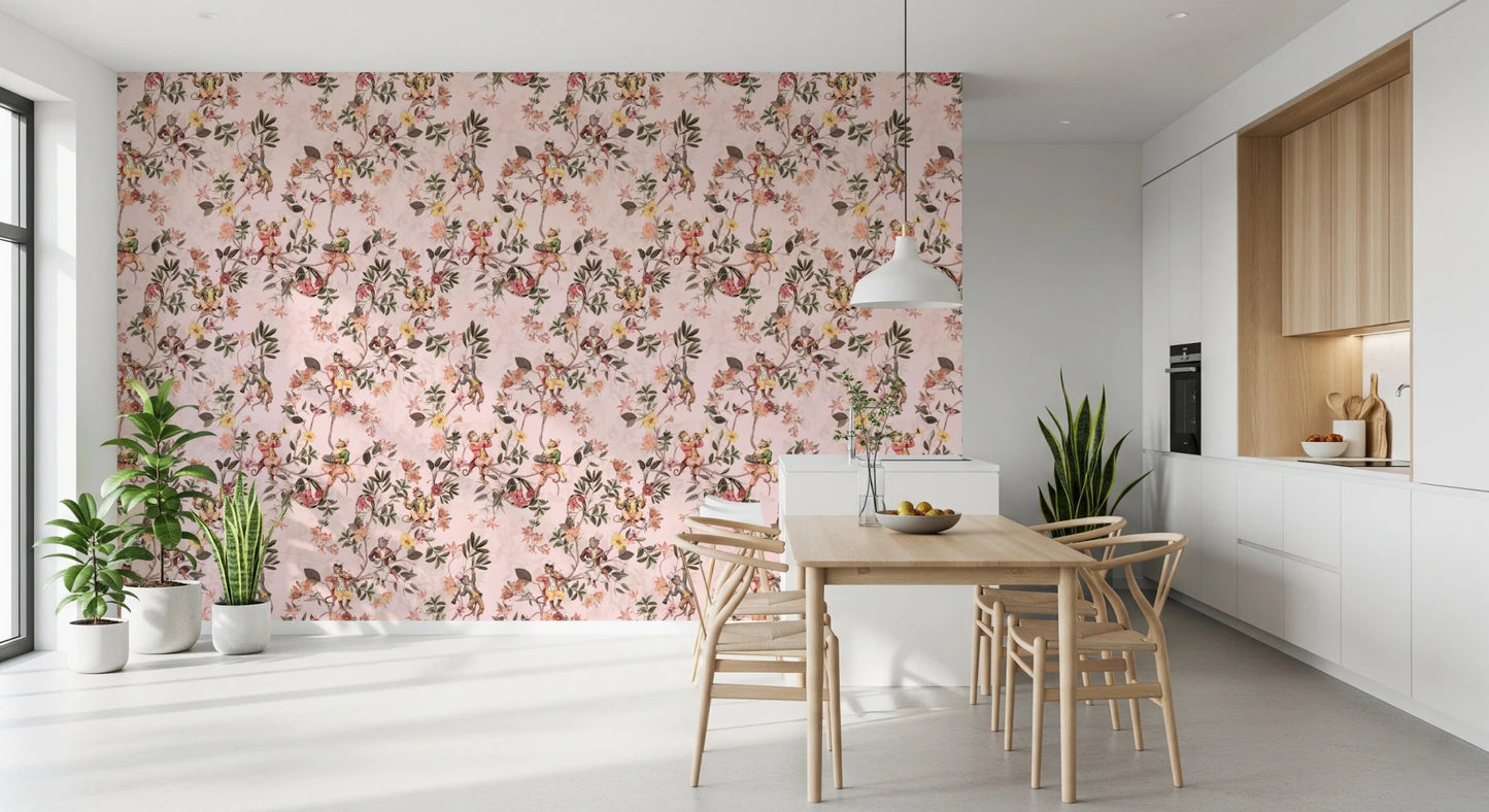 Dining room corner brightened by Whimsical Monkeys Playing Music pink wallpaper, GD8597