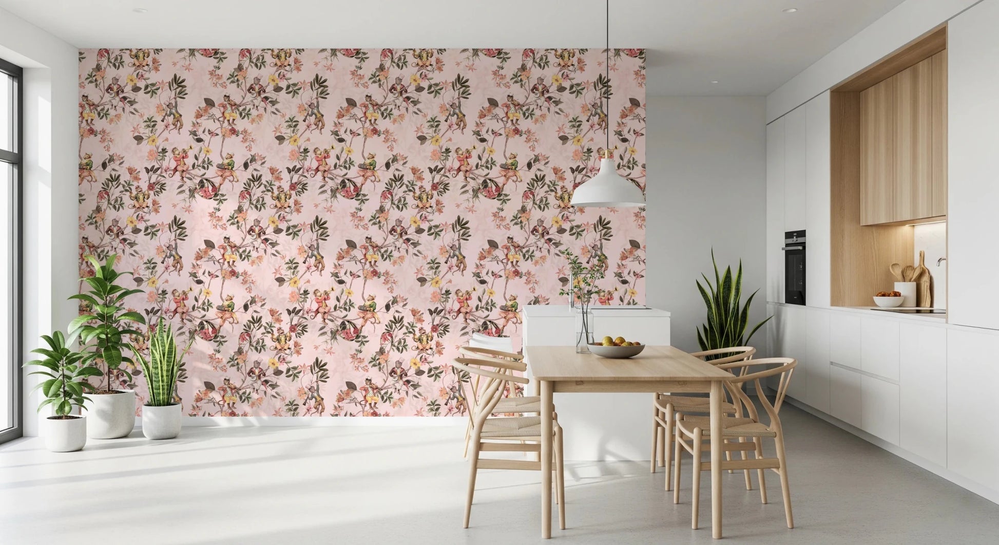 Dining room corner brightened by Whimsical Monkeys Playing Music pink wallpaper, GD8597