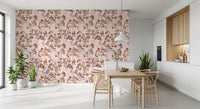 Dining room corner brightened by Whimsical Monkeys Playing Music pink wallpaper, GD8597