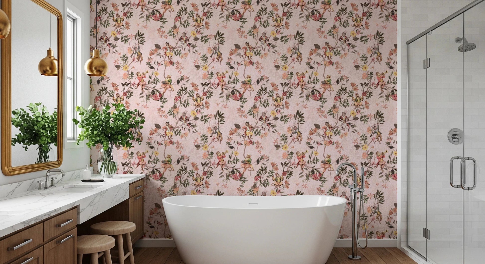 Floral monkey wallpaper adds a lively backdrop to this calm bathroom vanity space, GD8597