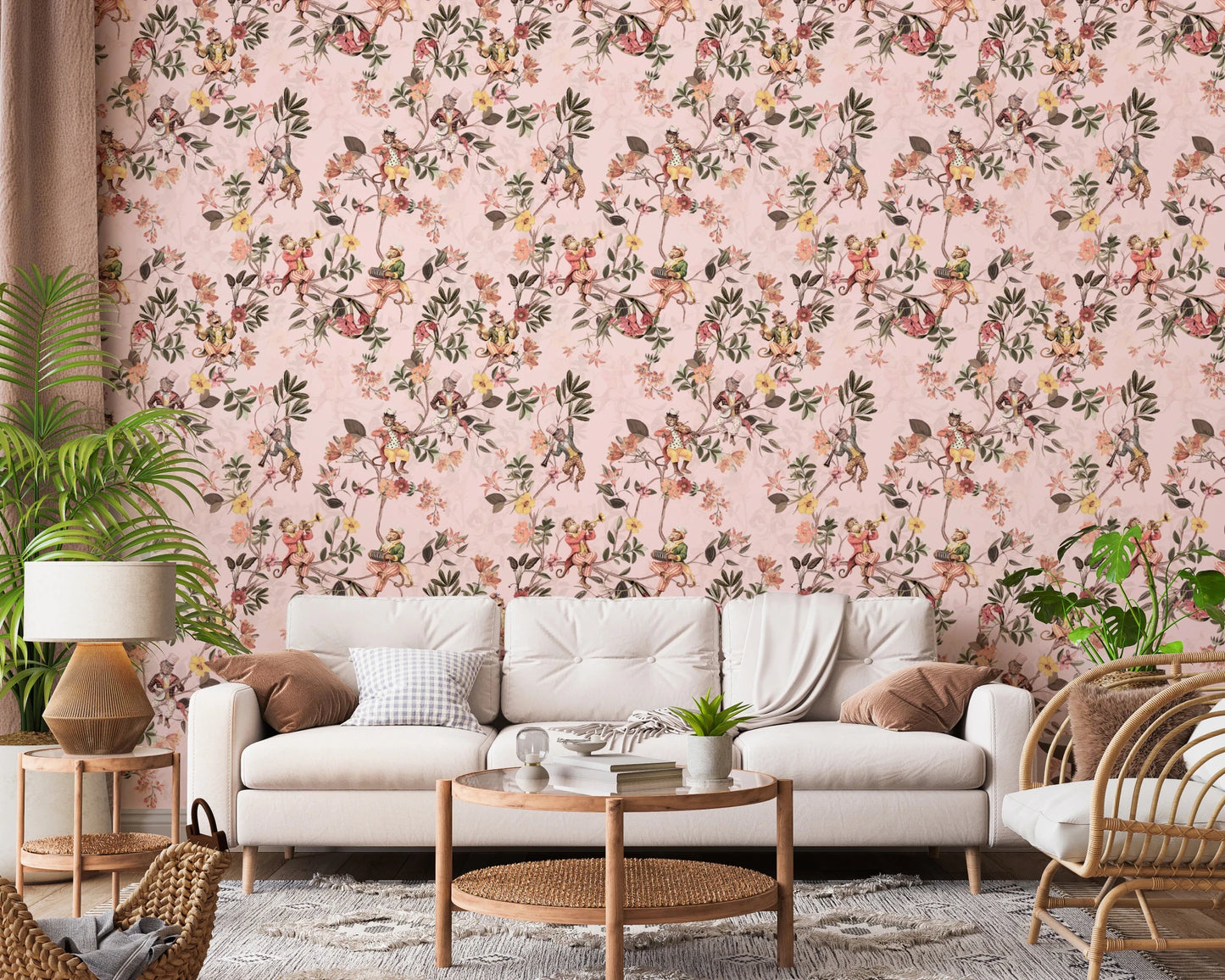Woven textures and a light sofa pair beautifully with the vintage pink monkey wallpaper, GD8597