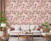 Woven textures and a light sofa pair beautifully with the vintage pink monkey wallpaper, GD8597