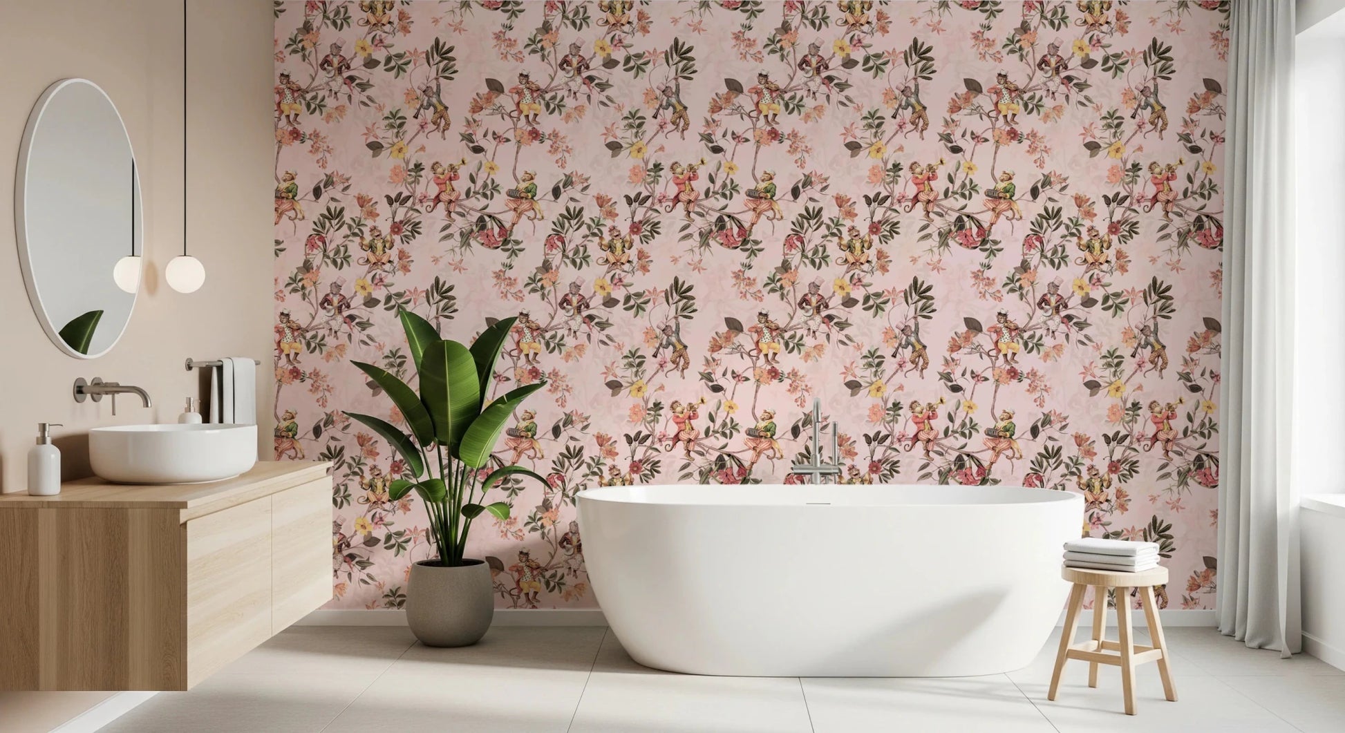 A blush-toned bath area feels lighter with this whimsical monkey floral wallpaper, GD8597