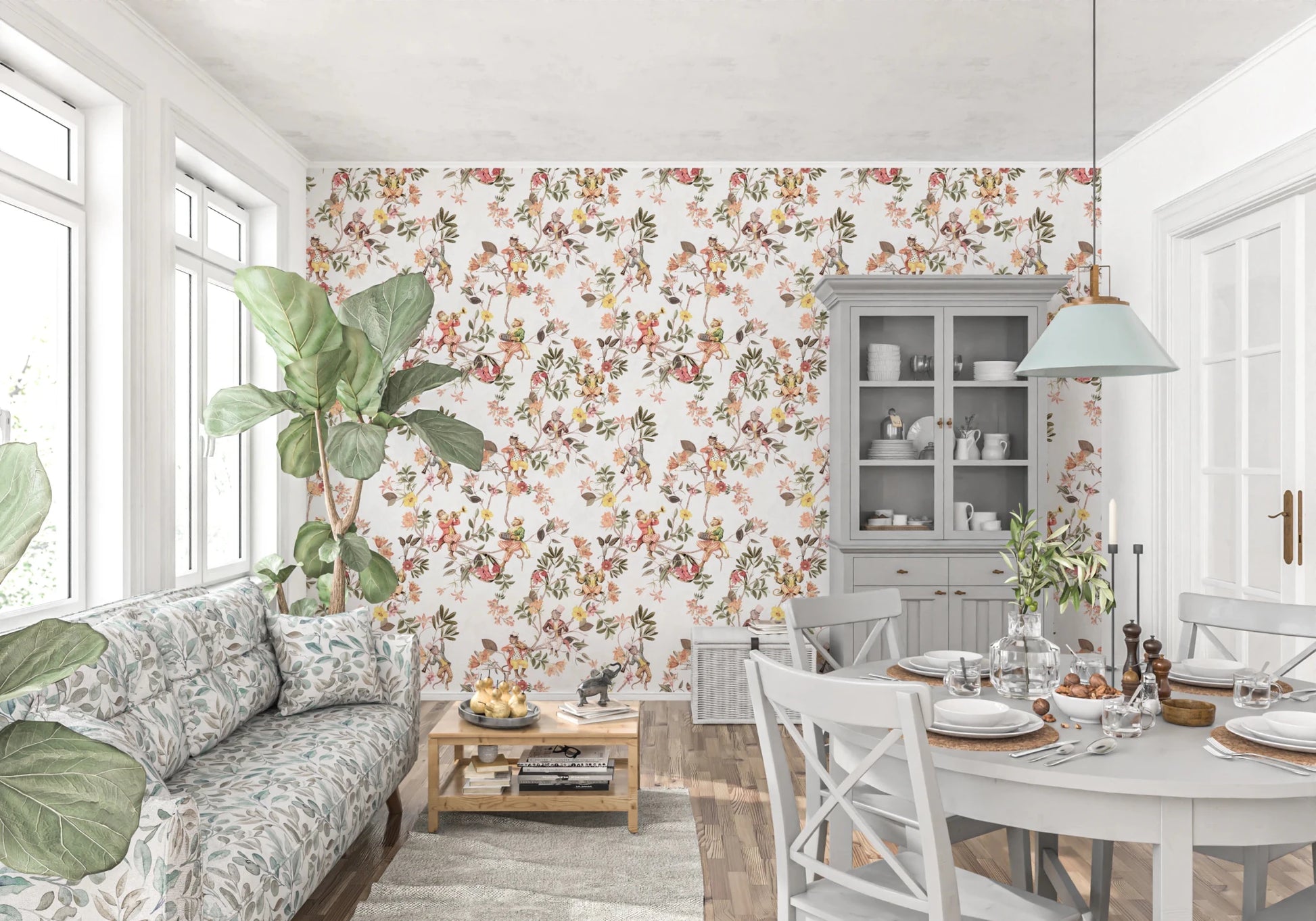 Soft family dining space brightened by the vintage monkey floral wallpaper