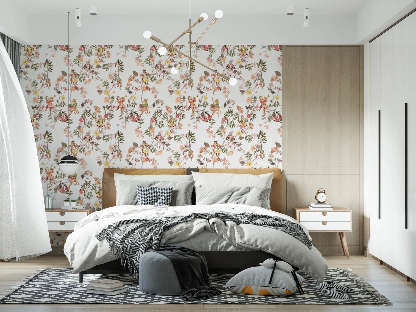 Behind the bed, the whimsical monkey music wallpaper feels airy and playful