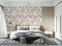 Behind the bed, the whimsical monkey music wallpaper feels airy and playful