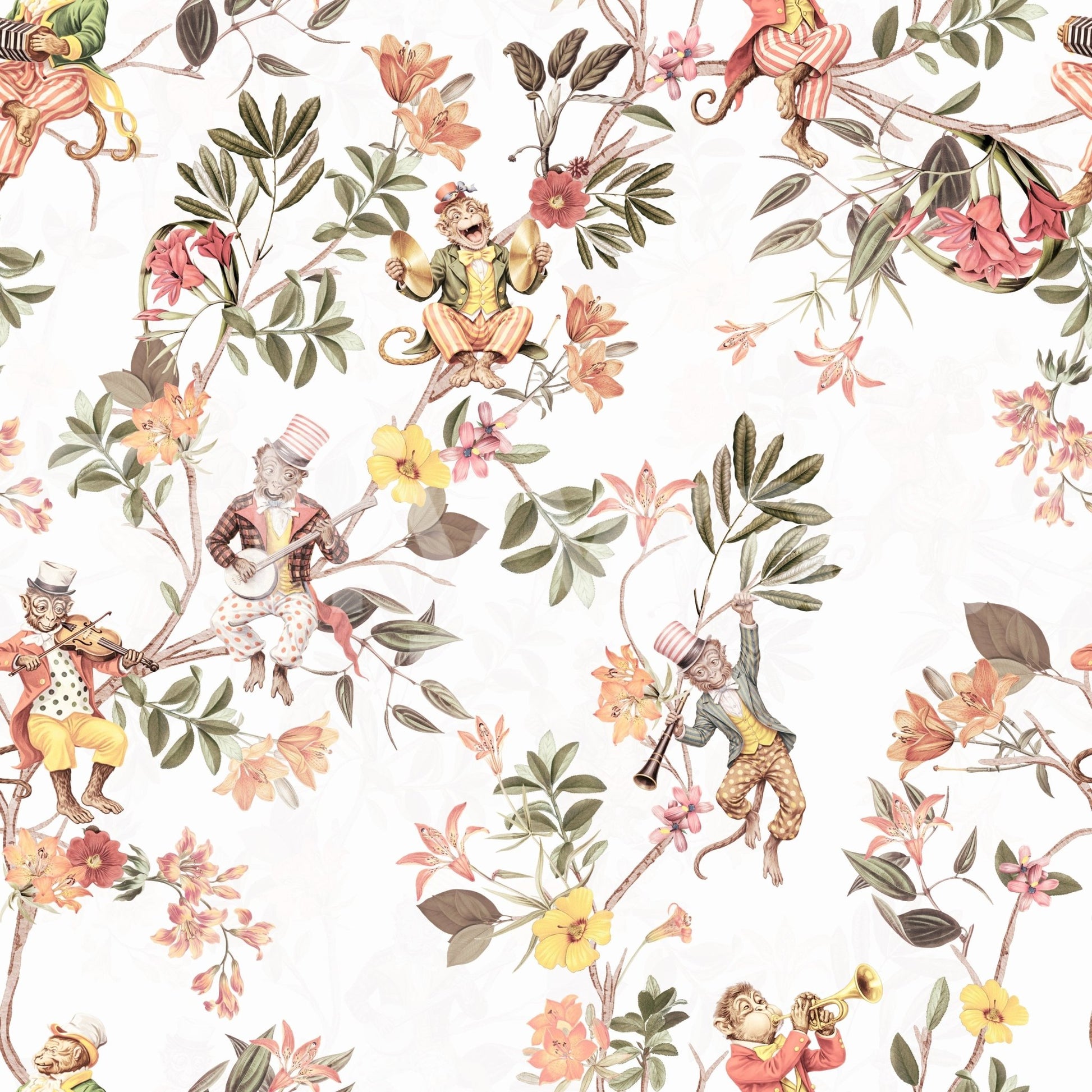 Exotic monkey musicians on blooming branches in vintage fun garden white wallpaper