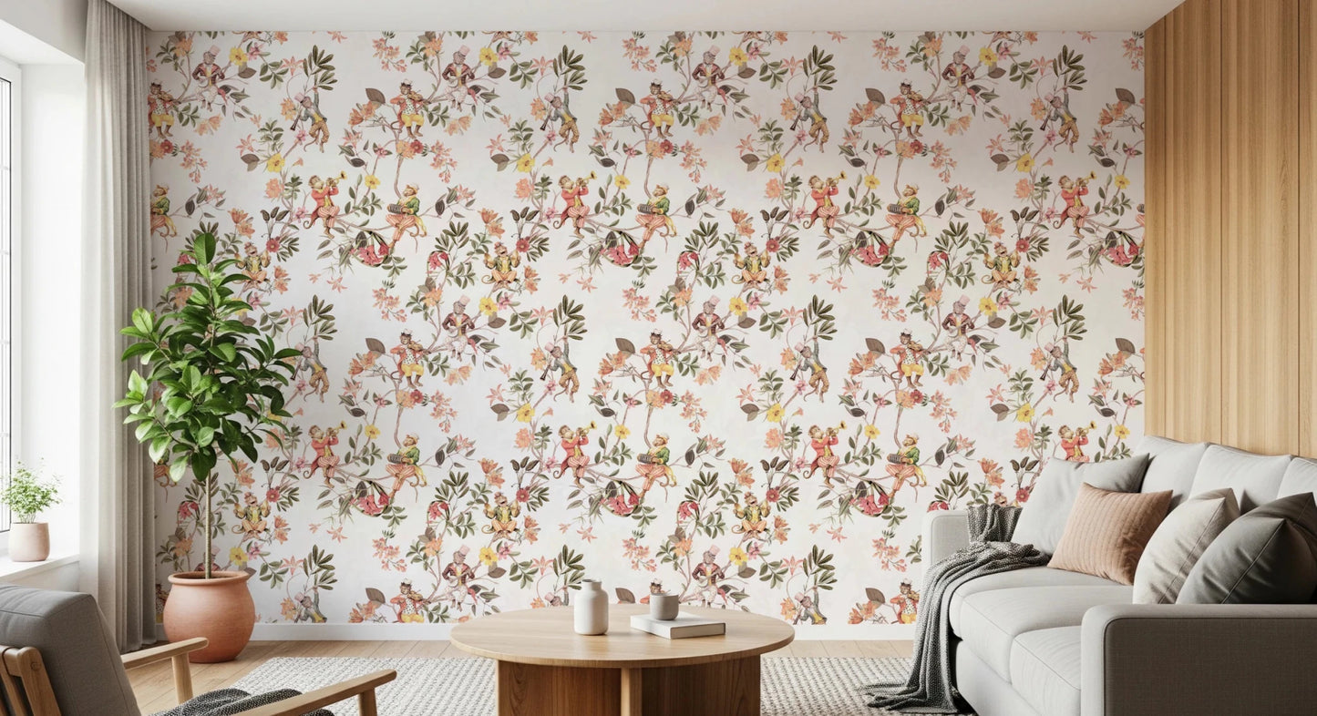 Cozy living corner lifted by the monkey-and-floral garden wallpaper