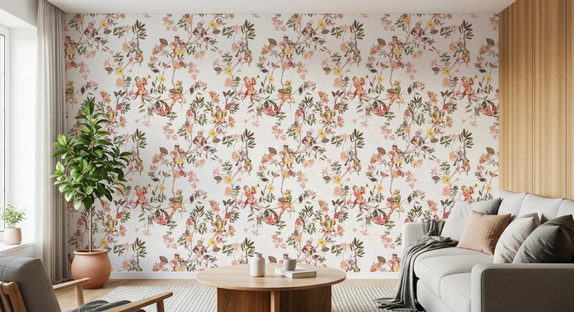 Cozy living corner lifted by the monkey-and-floral garden wallpaper