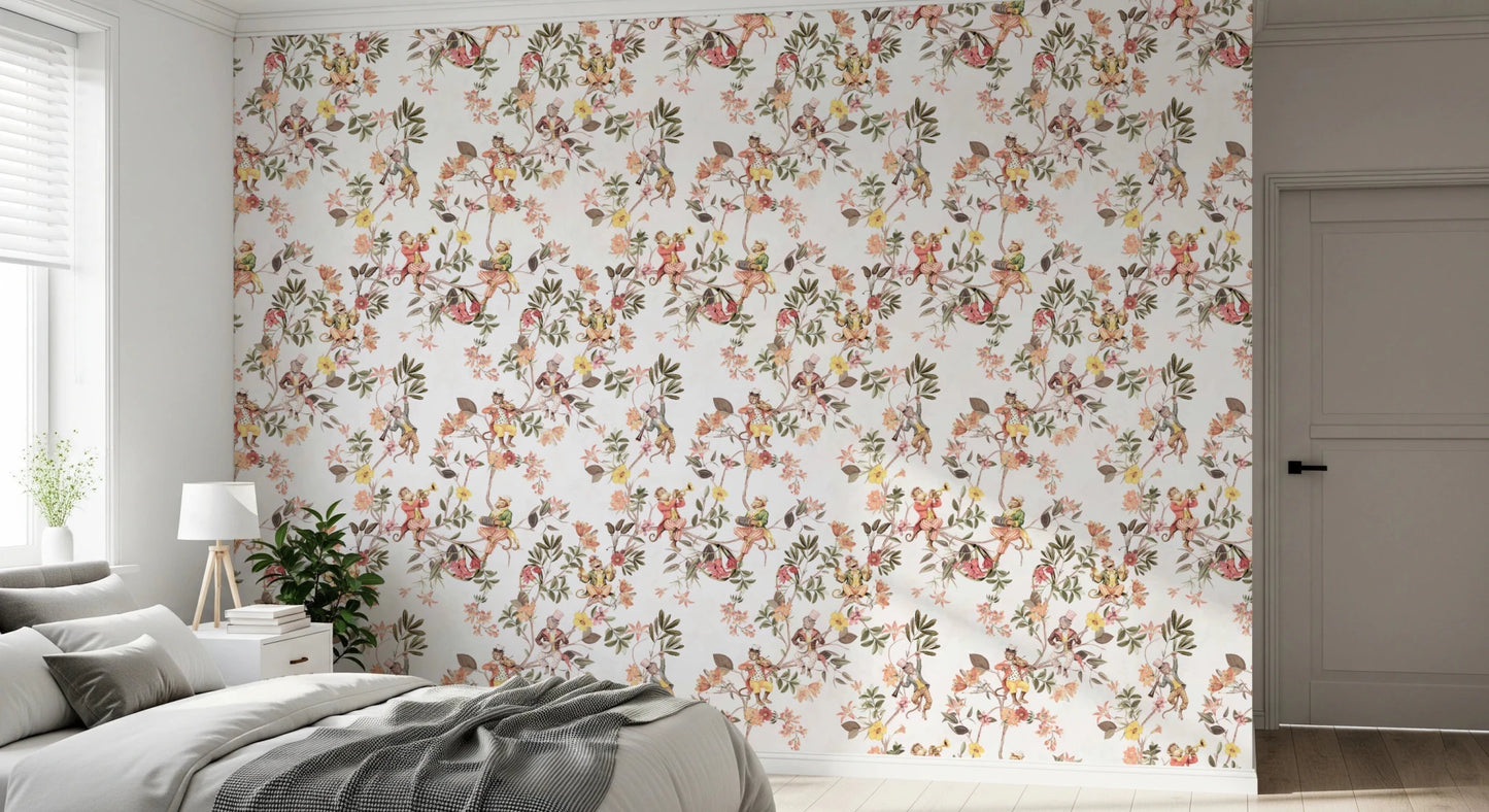 Bedroom finished with Whimsical Monkeys Playing Music white wallpaper