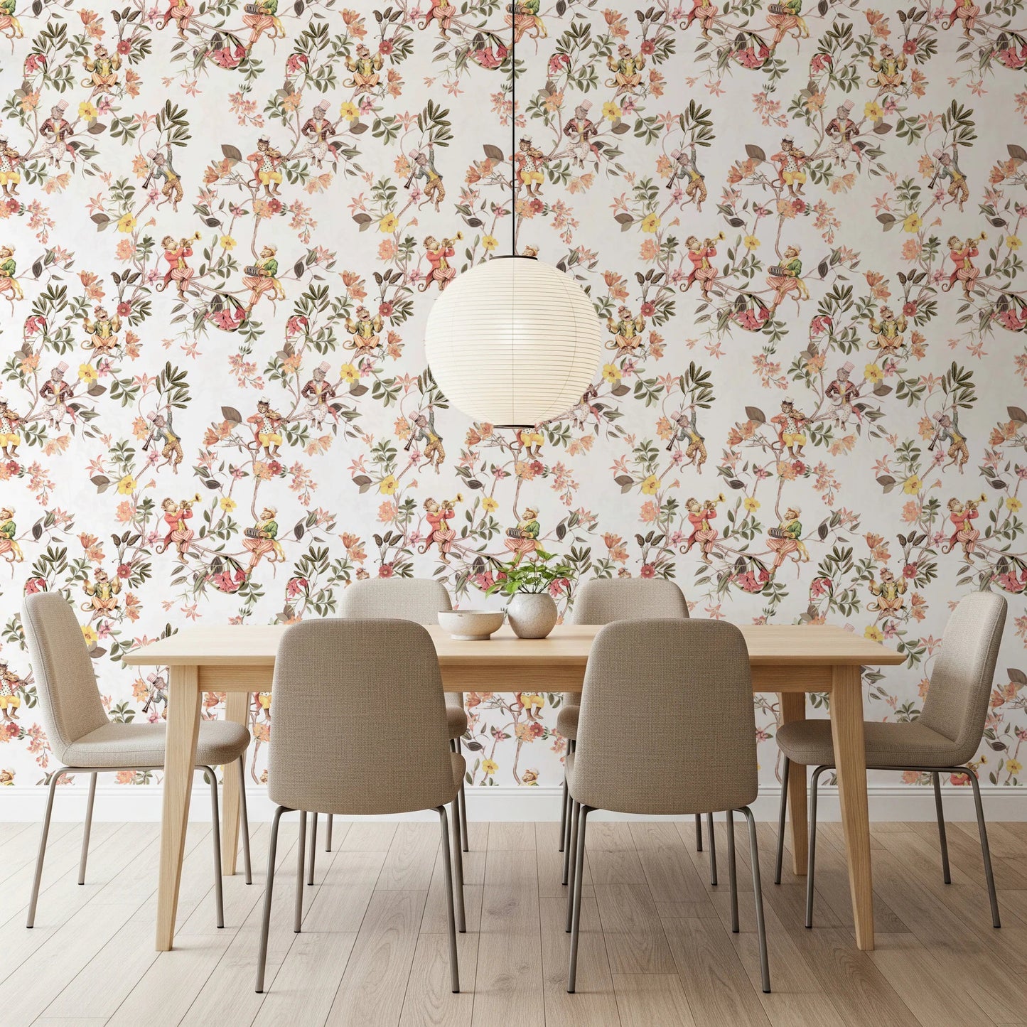 Dining room set against Whimsical Monkeys Playing Music Garden White Wallpaper