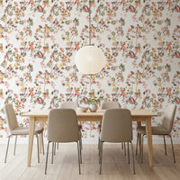 Dining room set against Whimsical Monkeys Playing Music Garden White Wallpaper