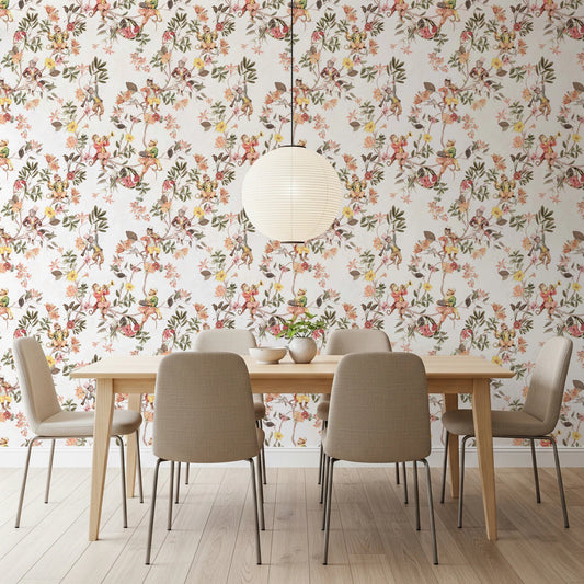 Dining room set against Whimsical Monkeys Playing Music Garden White Wallpaper