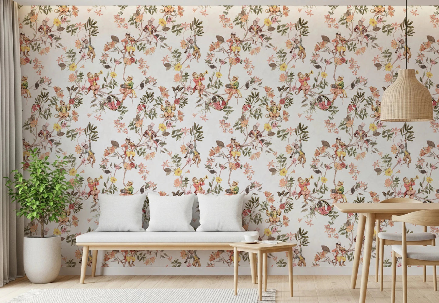 Sunlit sitting area paired with the exotic monkey garden wallpaper