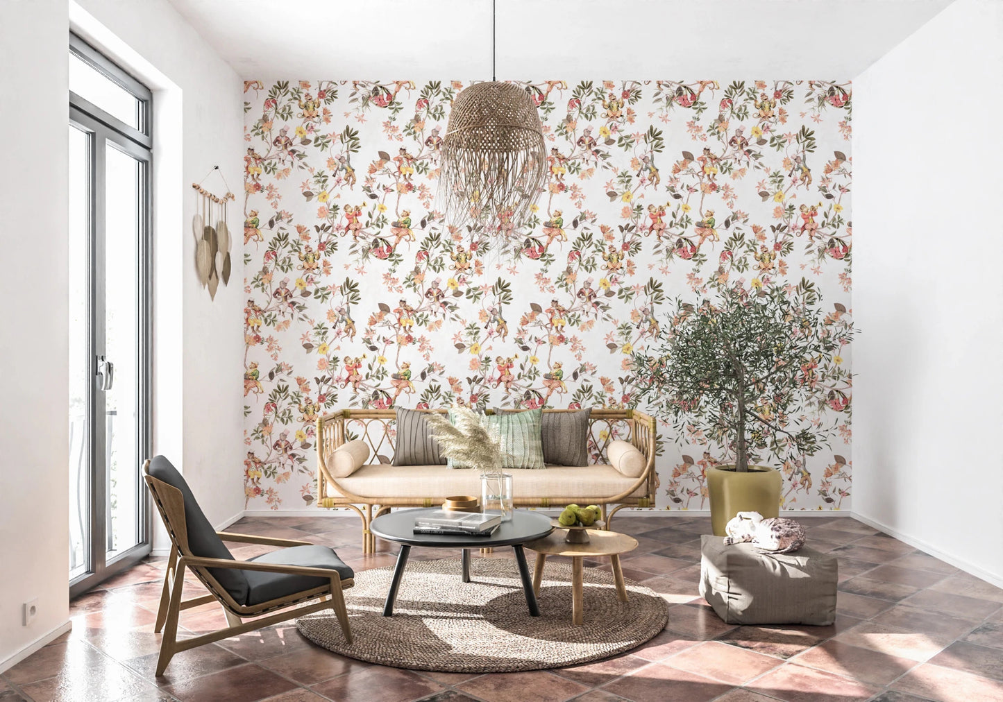 Relaxed sofa space framed by Whimsical Monkeys Playing Music white wallpaper