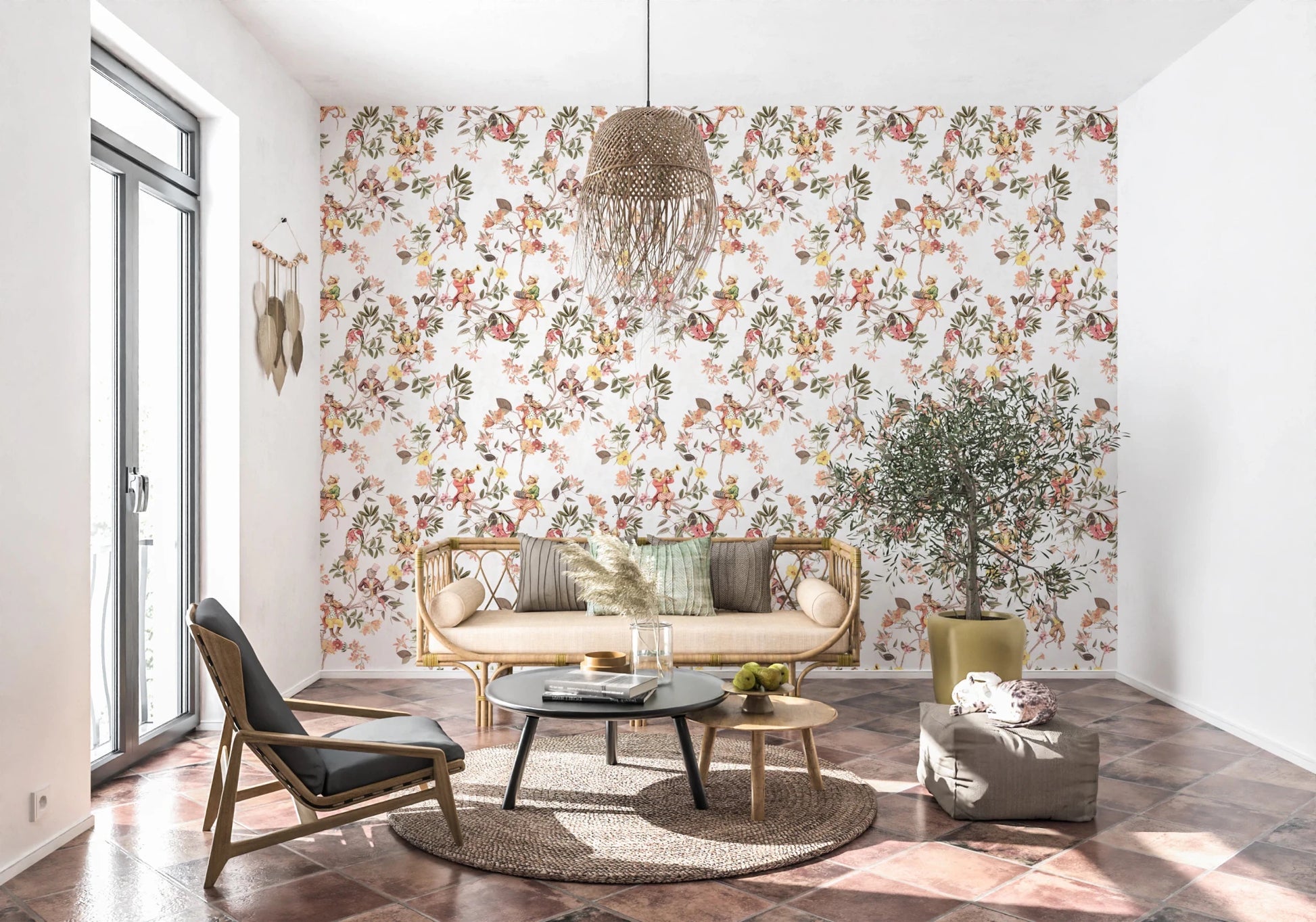 Relaxed sofa space framed by Whimsical Monkeys Playing Music white wallpaper