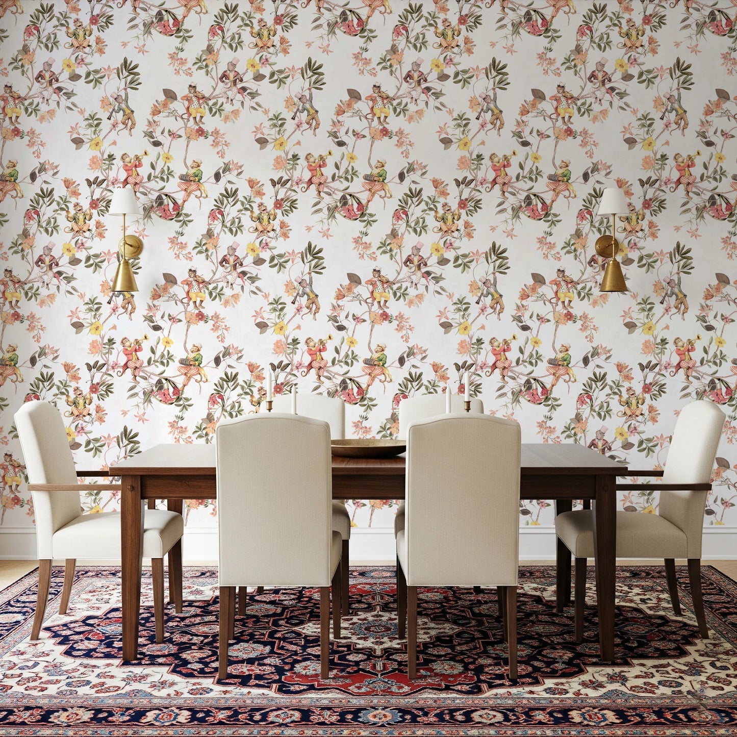 Formal dining setup styled with Whimsical Monkeys Playing Music wallpaper