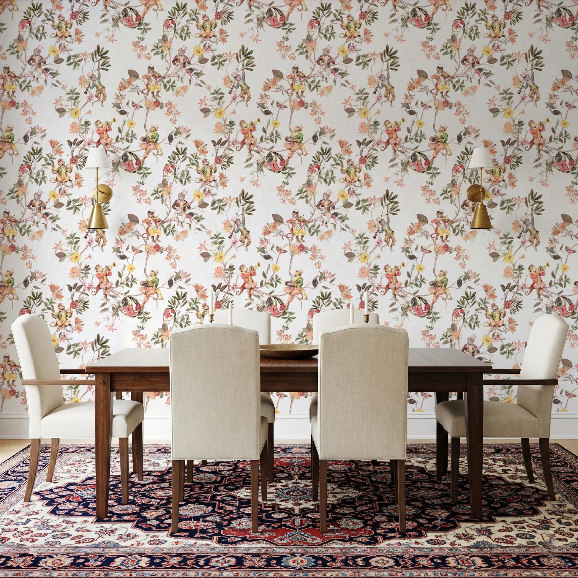 Formal dining setup styled with Whimsical Monkeys Playing Music wallpaper