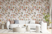 Curved sofa corner softened by this vintage floral monkey wallpaper