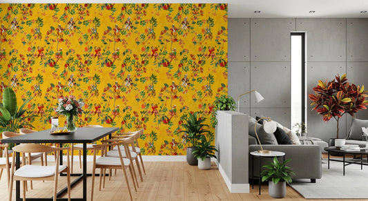 Open dining nook styled in vintage monkey garden yellow wallpaper, GD8598
