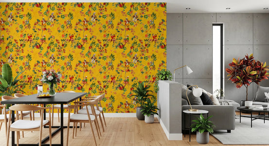 Open dining nook styled in vintage monkey garden yellow wallpaper, GD8598