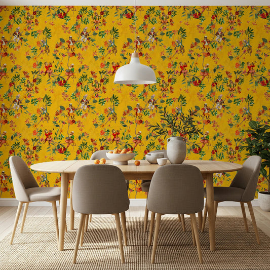 Dining room brought to life with Whimsical Monkeys Playing Music yellow wallpaper