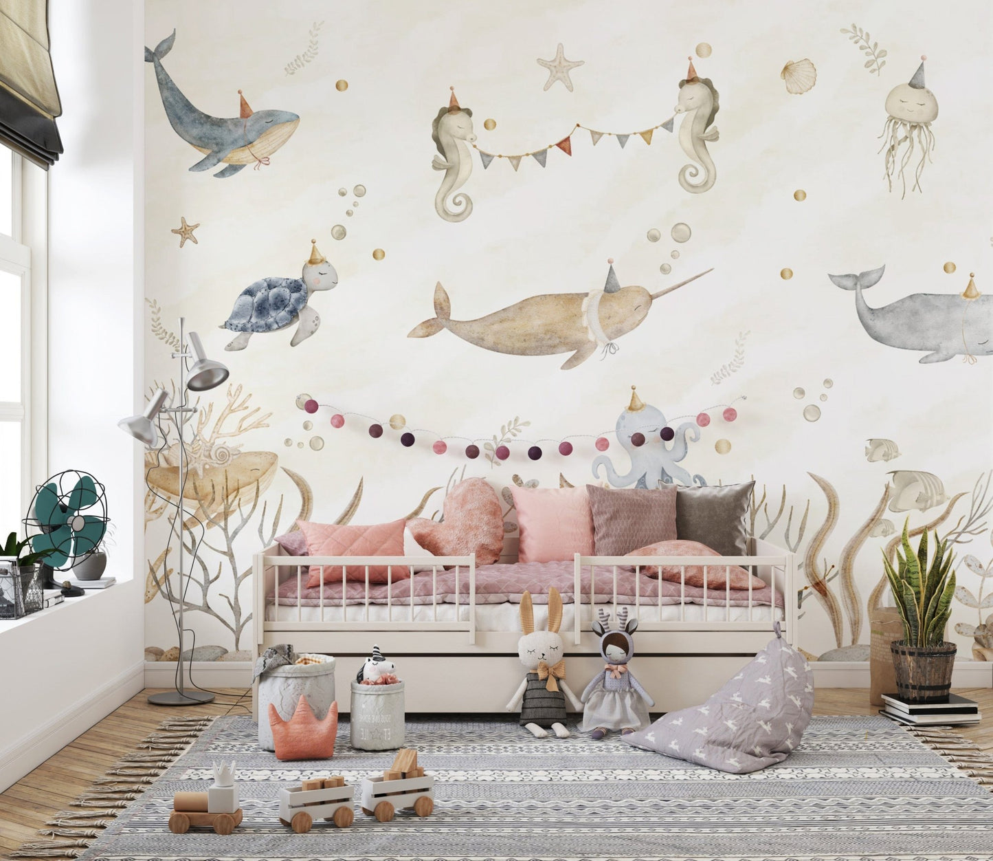 Ocean-themed wallpaper with sea creatures
