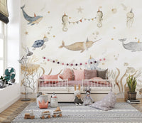 Ocean-themed wallpaper with sea creatures
